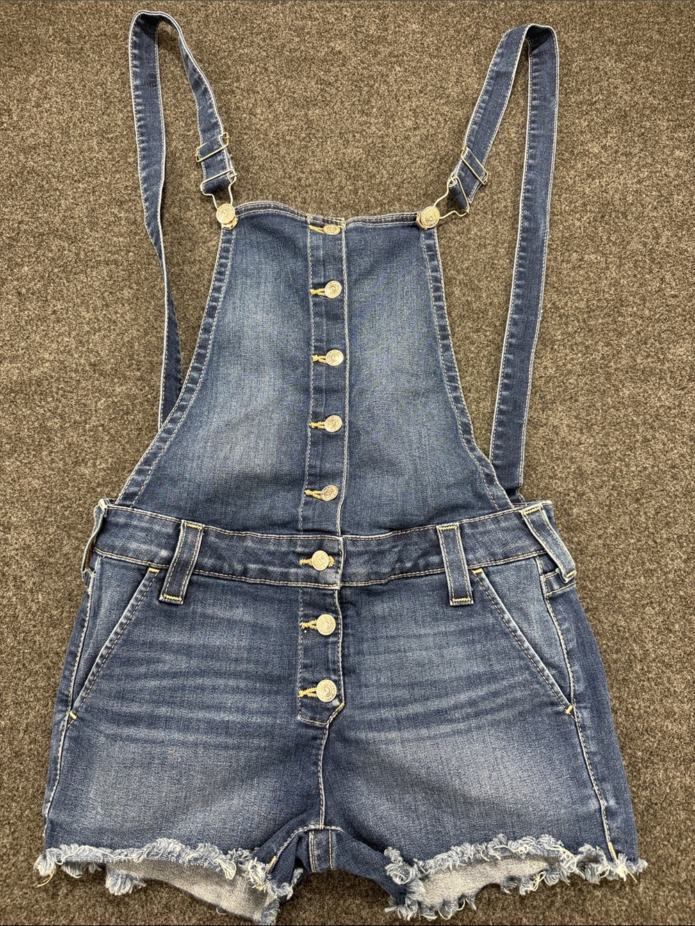 True Religion Medium Blue Denim Button-Front Short Overalls